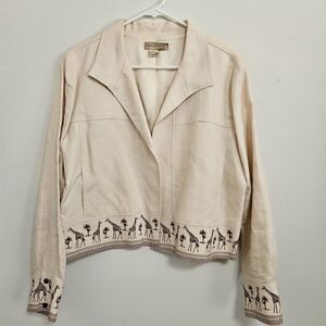 Vintage Transttions Novalty Giraffe Linen Lined Pockets Long Sleeve Jacket L
